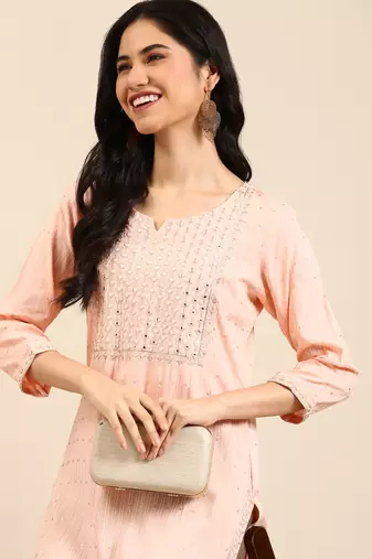 women's calf length round neck peach embellished straight kurta