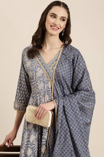 Showoff women's ankle length v-neck blue floral anarkali kurta comes with duppatta