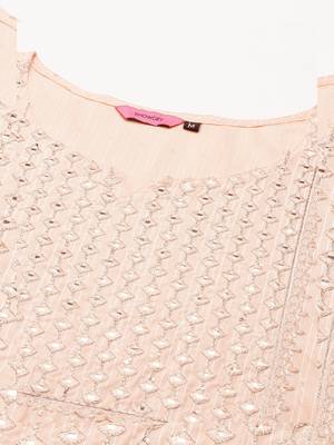women's calf length round neck peach embellished straight kurta 3