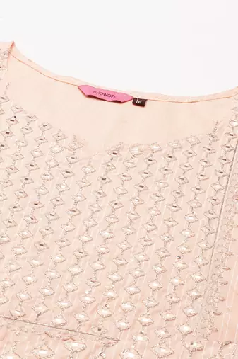 women's calf length round neck peach embellished straight kurta