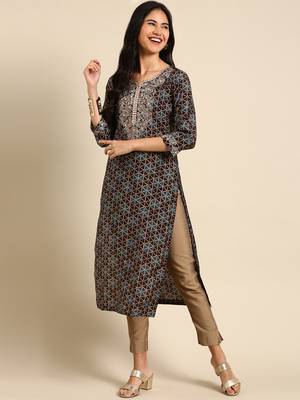 women's calf length round neck coffee brown geometric straight kurta 1