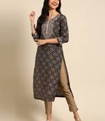 women's calf length round neck coffee brown geometric straight kurta