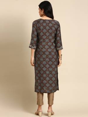 women's calf length round neck coffee brown geometric straight kurta 5