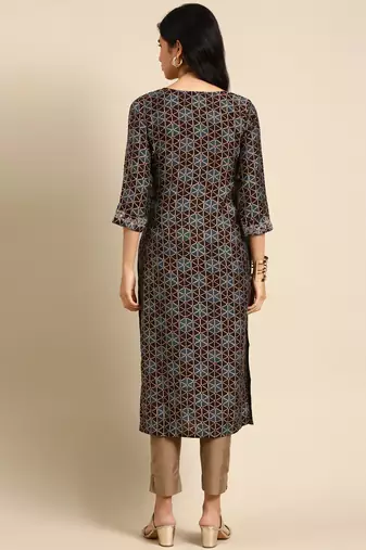 women's calf length round neck coffee brown geometric straight kurta