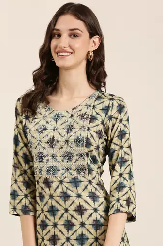 women's calf length round neck beige geometric straight kurta