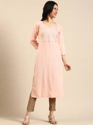 women's calf length round neck peach embellished straight kurta 1