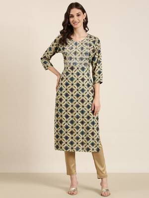 women's calf length round neck beige geometric straight kurta 1