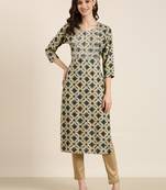 women's calf length round neck beige geometric straight kurta