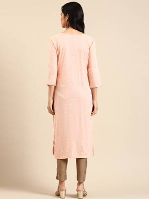 women's calf length round neck peach embellished straight kurta 5