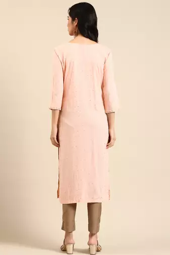 women's calf length round neck peach embellished straight kurta