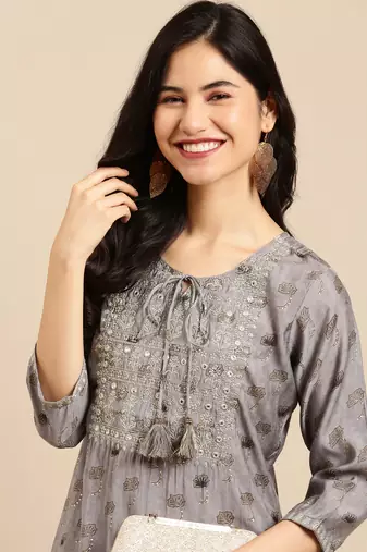 women's calf length round neck grey ethnic motifs straight kurta