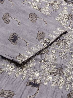 women's calf length round neck grey ethnic motifs straight kurta 3