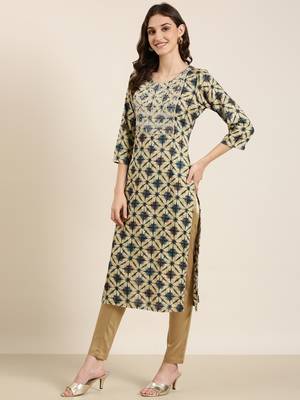 women's calf length round neck beige geometric straight kurta 4