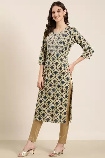 women's calf length round neck beige geometric straight kurta