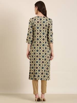 women's calf length round neck beige geometric straight kurta 5