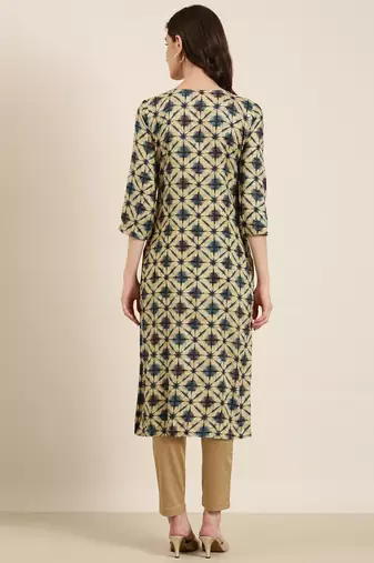 women's calf length round neck beige geometric straight kurta