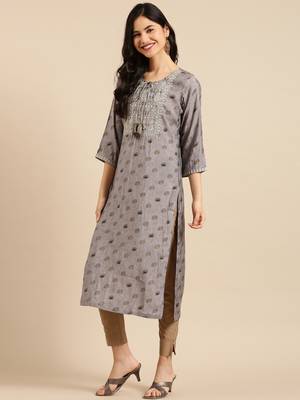 women's calf length round neck grey ethnic motifs straight kurta 4