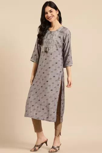 women's calf length round neck grey ethnic motifs straight kurta