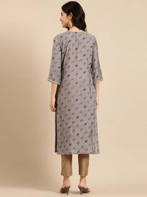 women's calf length round neck grey ethnic motifs straight kurta 5