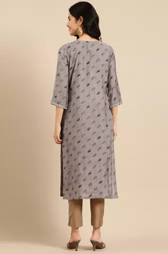 women's calf length round neck grey ethnic motifs straight kurta