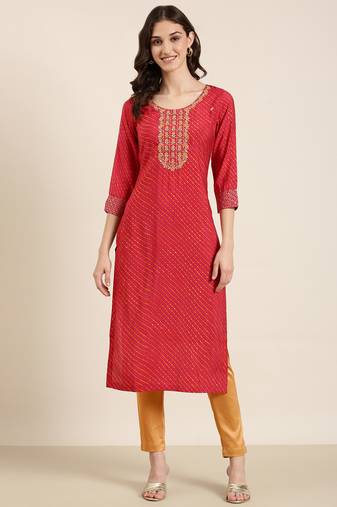 Showoff women's calf length round neck fuchsia striped straight kurta