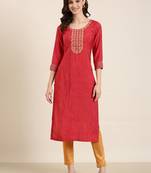 Showoff women's calf length round neck fuchsia striped straight kurta