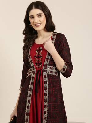 women's ankle length round neck maroon solid anarkali kurta 1