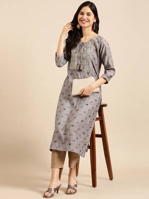 women's calf length round neck grey ethnic motifs straight kurta 1