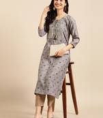 women's calf length round neck grey ethnic motifs straight kurta