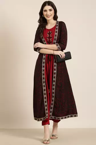 women's ankle length round neck maroon solid anarkali kurta