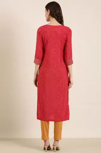 Showoff women's calf length round neck fuchsia striped straight kurta