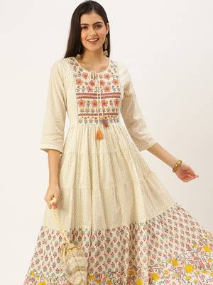 women's ankle length keyhole neck off white floral anarkali kurta 2