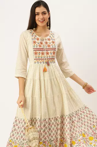 women's ankle length keyhole neck off white floral anarkali kurta