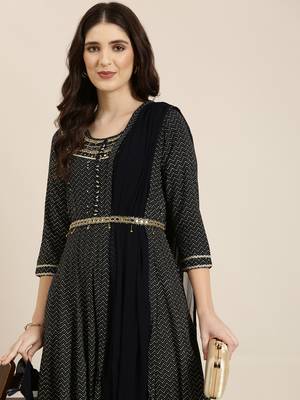 women's ankle length round neck navy blue chevron anarkali kurta comes with duppatta 1