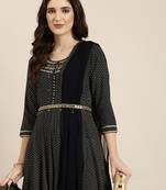 women's ankle length round neck navy blue chevron anarkali kurta comes with duppatta