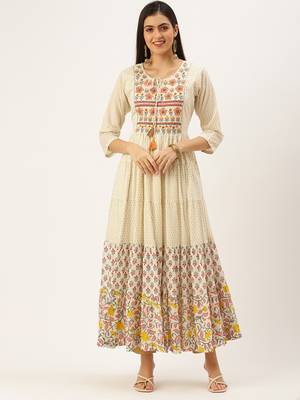 women's ankle length keyhole neck off white floral anarkali kurta 3