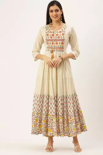 women's ankle length keyhole neck off white floral anarkali kurta