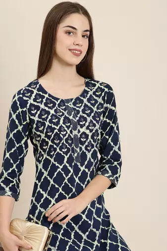 women's calf length round neck navy blue geometric straight kurta