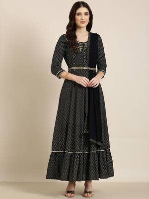 women's ankle length round neck navy blue chevron anarkali kurta comes with duppatta 2
