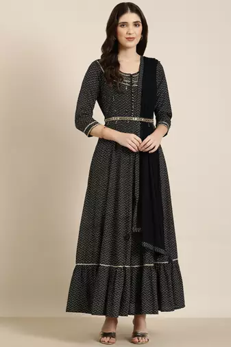 women's ankle length round neck navy blue chevron anarkali kurta comes with duppatta