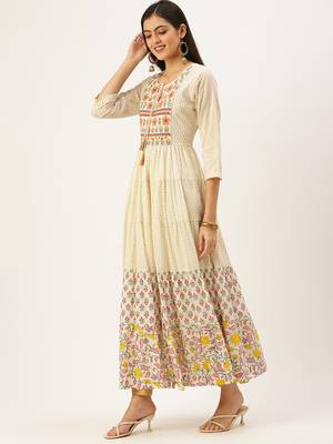 women's ankle length keyhole neck off white floral anarkali kurta 4