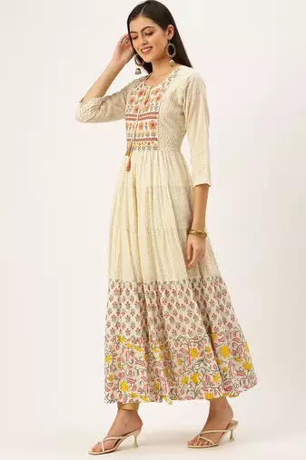 women's ankle length keyhole neck off white floral anarkali kurta