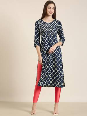 women's calf length round neck navy blue geometric straight kurta 1