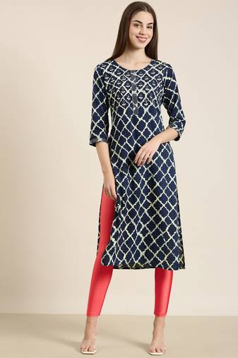 women's calf length round neck navy blue geometric straight kurta