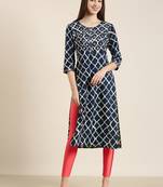women's calf length round neck navy blue geometric straight kurta