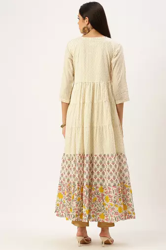 women's ankle length keyhole neck off white floral anarkali kurta