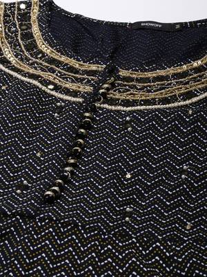 women's ankle length round neck navy blue chevron anarkali kurta comes with duppatta 3