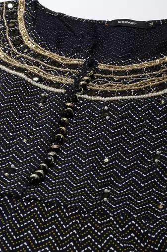 women's ankle length round neck navy blue chevron anarkali kurta comes with duppatta