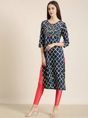 women's calf length round neck navy blue geometric straight kurta 4