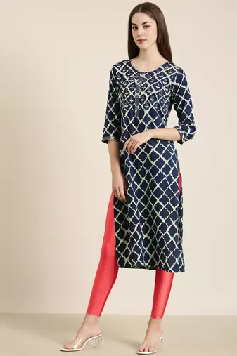 women's calf length round neck navy blue geometric straight kurta
